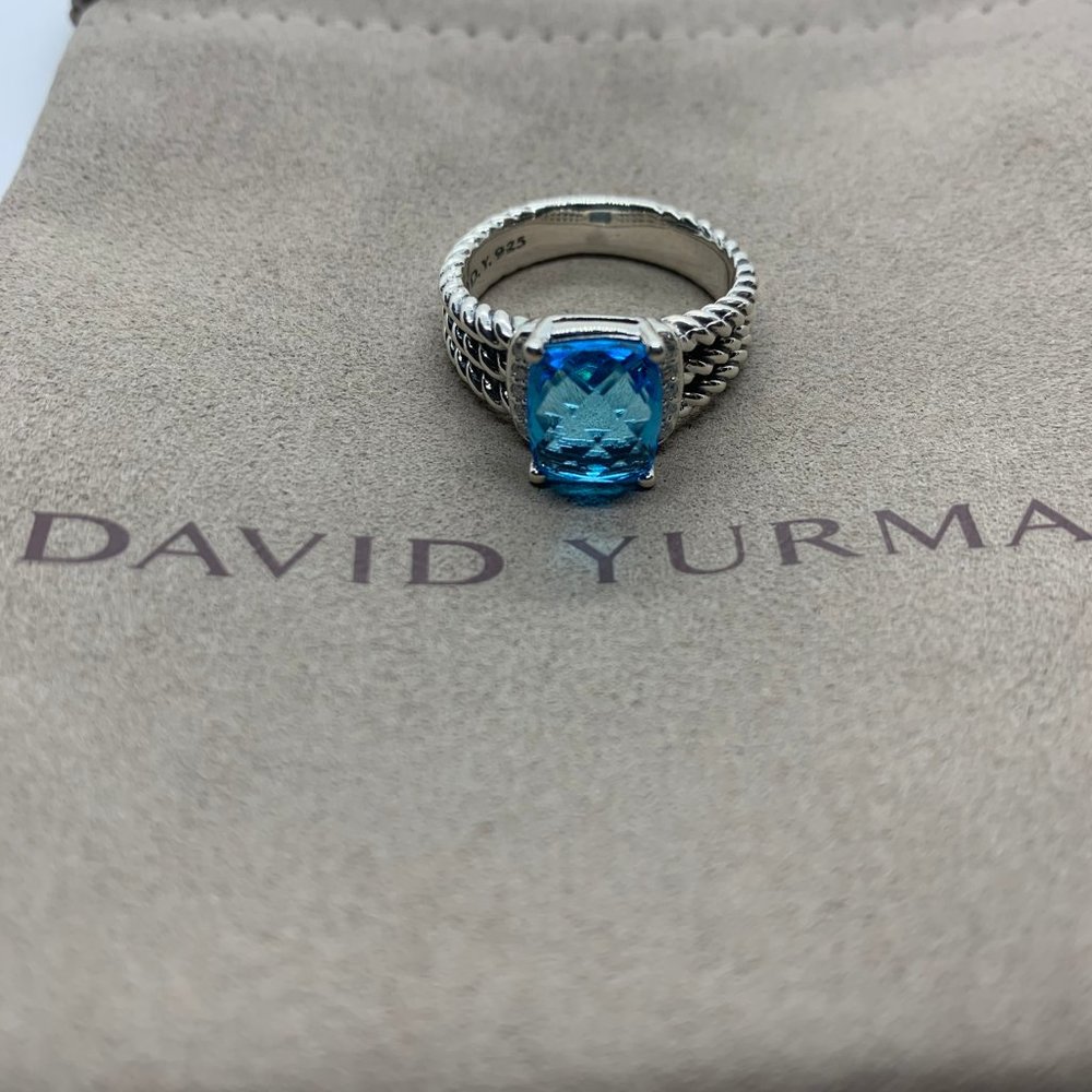 David Yurman Petite Wheaton Ring with Blue Topaz and Diamonds Size 7